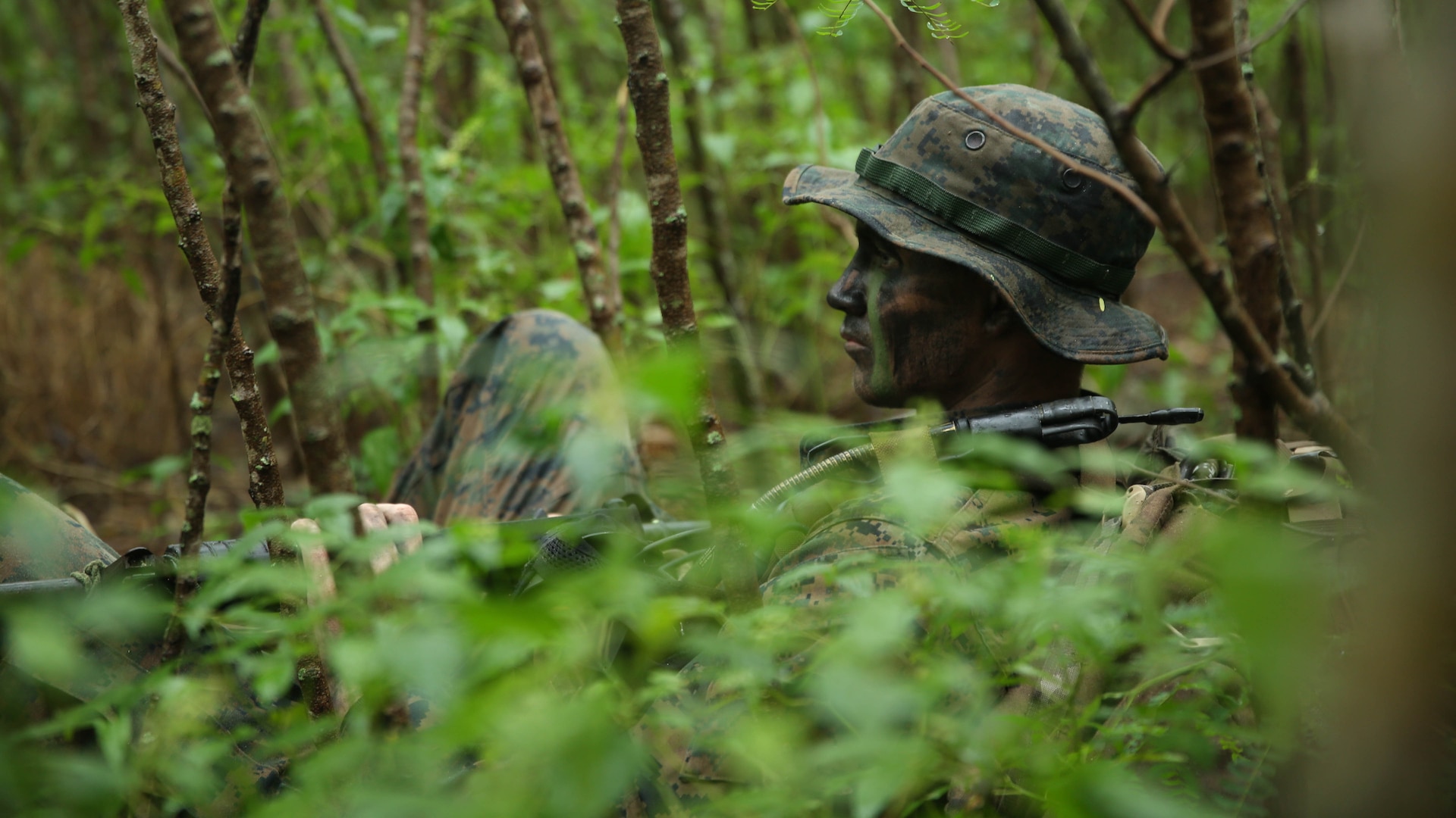 Corporal Jordan Clymer, from Mt. Ayer, Iowa, and assistant radio operator with Company A, 1st Reconnaissance Battalion, 1st Marine Division, rests during reconnaissance and surveillance training, Nov. 19-21, 2015, aboard Marine Corps Training Area Bellows, Hawaii. The Marines conducted insertion, infiltration, execution, exfiltration, and extraction in terrain unfamiliar to what is usually found at their home base in California. The Hawaiian terrain ranged from beach shores, to dense jungle and open valleys during pouring rains.