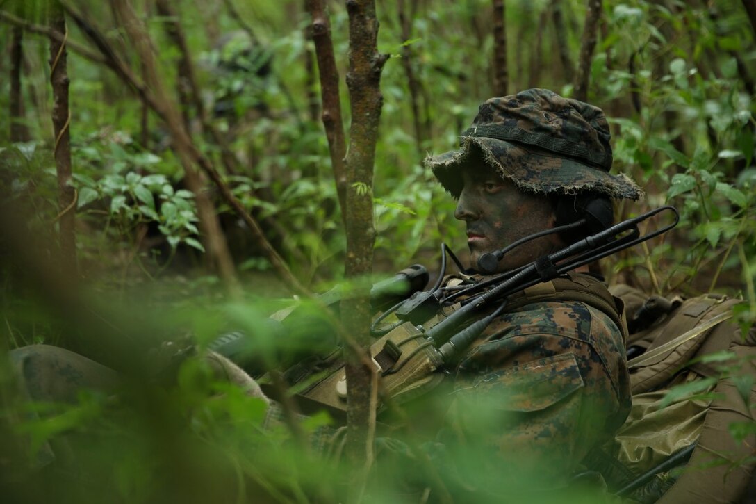 Corporal Scott Hunt, from Palm Bay, Florida, and pointman with Company A, 1st Reconnaissance Battalion, 1st Marine Division, rests during reconnaissance and surveillance training, Nov. 19-21, 2015, aboard Marine Corps Training Area Bellows, Hawaii. The Marines conducted insertion, infiltration, execution, exfiltration, and extraction in terrain unfamiliar to what is usually found at their home base in California. The Hawaiian terrain ranged from beach shores, to dense jungle and open valleys during pouring rains. (U.S. Marine Corps photo by Sgt. Tony Simmons)