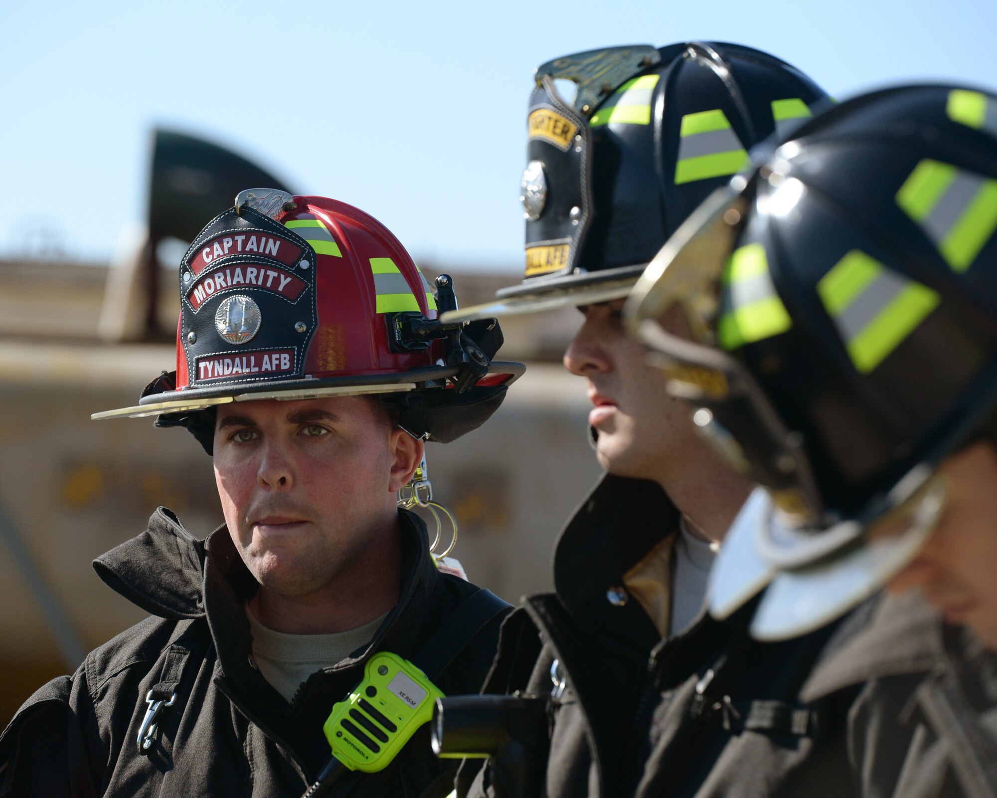 Staff Sergeant Adam Moriarity, 325th Civil Engineering Squadron firefighter, listens during a training seminar on how to properly utilize the jaws-of-life tool.  The firefighters of the 325th train daily in order to prepare for any emergency that may befall Tyndall personnel.  (U.S. Air Force photo by Airman 1st Class Cody R. Miller/Released)