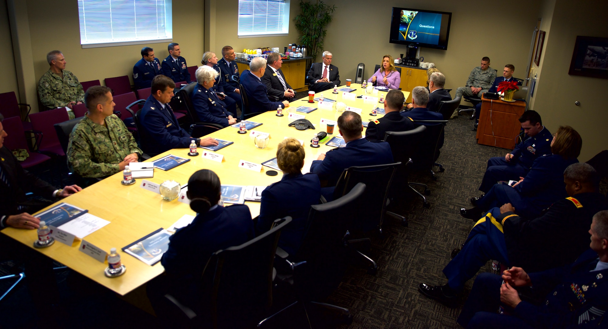 Deborah Lee James, Secretary of the U.S. Air Force, attends a mission capability briefing Dec. 15, 2015, after arriving at the 188th Wing at Ebbing Air National Guard, Fort Smith, Ark. James visited the 188th to learn more about the wing’s recent transition from manned A-10C Thunderbolt II “Warthogs” to intelligence, surveillance and reconnaissance, remotely piloted aircraft and space targeting. (U.S. Air National Guard photo by Tech. Sgt. Chauncey Reed/Released)