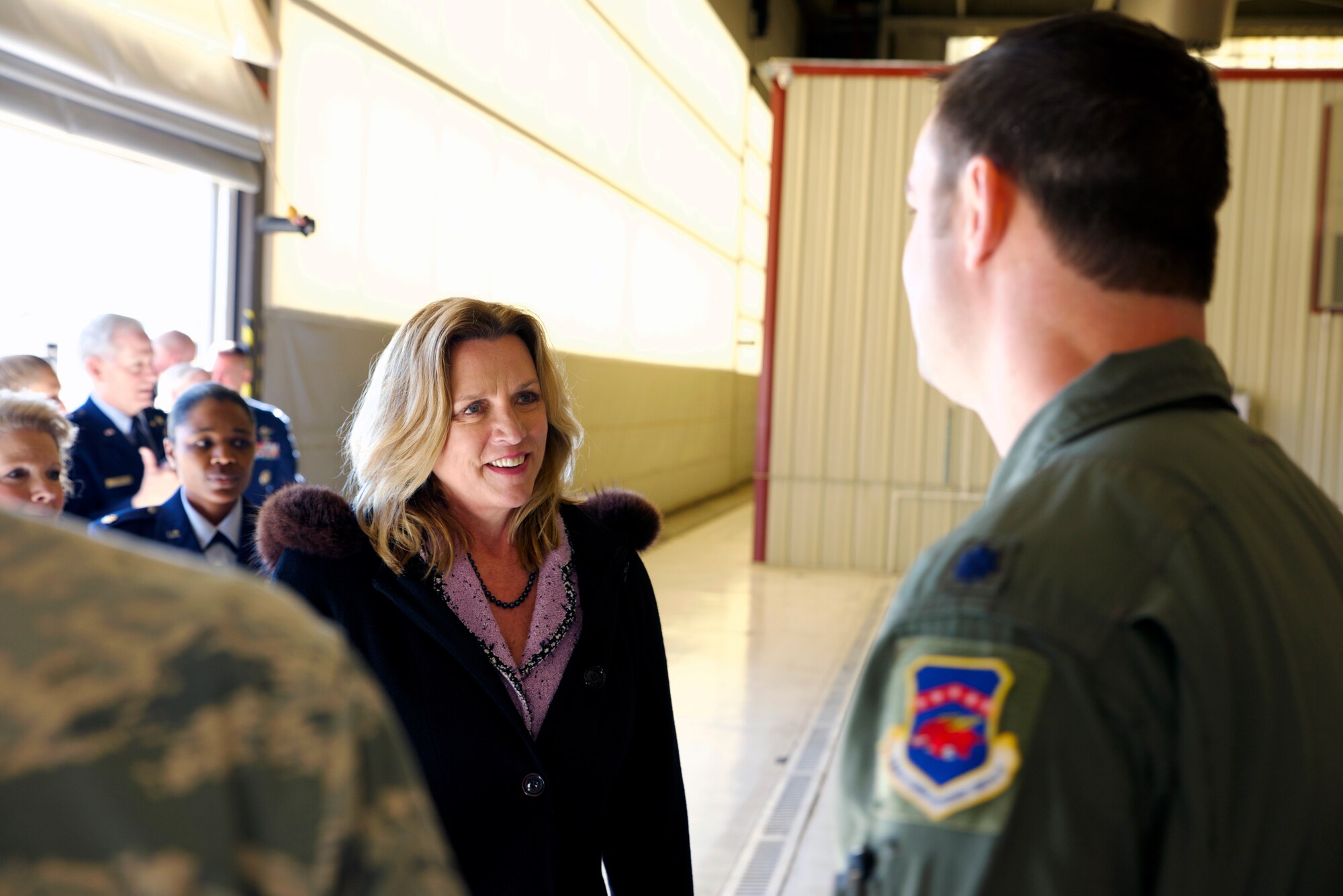 Deborah Lee James, Secretary of the U.S. Air Force, meets with members of the 188th Wing Dec. 15, 2015, at Ebbing Air National Guard, Fort Smith, Ark. James visited the 188th to learn more about the wing’s recent transition from manned A-10C Thunderbolt II “Warthogs” to intelligence, surveillance and reconnaissance, remotely piloted aircraft and space-focused targeting. (U.S. Air National Guard photo by Senior Airman Cody Martin/Released)  