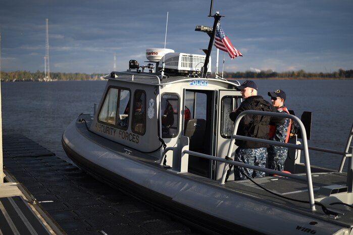 A 628th Security Forces Squadron patrol boat is dockside on Dec. 9, 2015, at the harbor patrol dock on Joint Base Charleston – Weapons Station, S.C. JB Charleston’s port operations has recently implemented a new training program to effectively cut down on spending and improve resourcefulness. The training consisted of putting Sailors through a series of classes. The week following their classes, the new trainers were put to the test instructing newer Sailors on the information they just learned. (U.S. Air Force photo/Senior Airman Clayton Cupit)