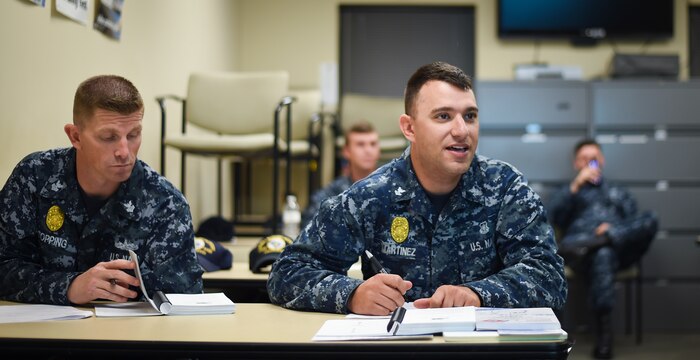 Sailors from Joint Base Charleston participate in a ‘Train the Trainer’ program Dec. 8, 2015, in a classroom at the security building on JB Charleston – Weapons Station, S.C. JB Charleston’s port operations has recently implemented a new training program to effectively cut down on spending and improve resourcefulness. The training consisted of putting the Sailors through a series of classes. The week following their classes, the new trainers were put to the test instructing newer Sailors on the information they just learned. (U.S. Air Force photo/Senior Airman Clayton Cupit)