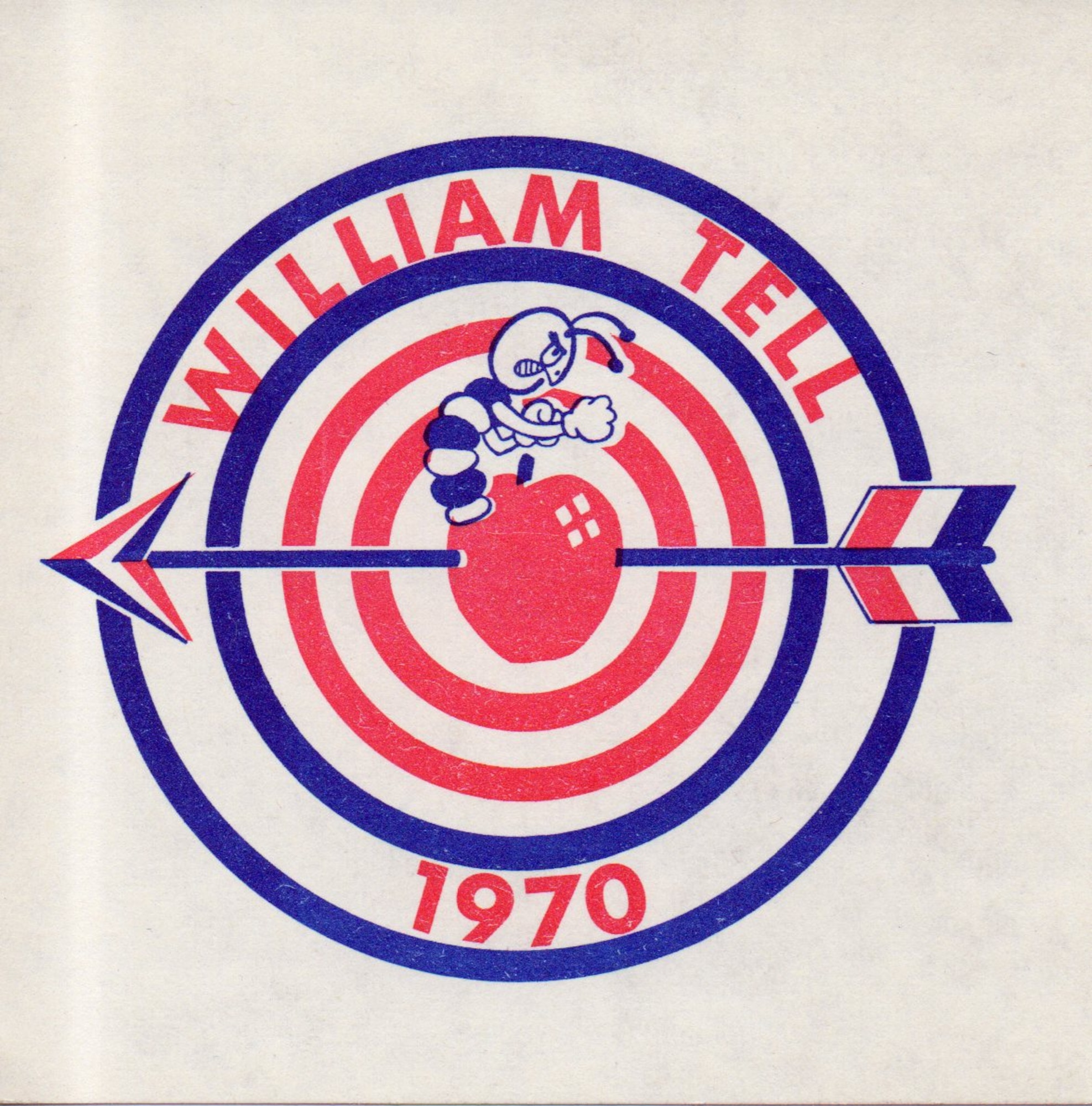 An angry worm shakes his fists at the apple-piercing archer in the William Tell 1970 emblem, which can also be seen in the form of William Tell patches on the F-102 pilot flight suits.  (142nd Fighter Wing History Archives)