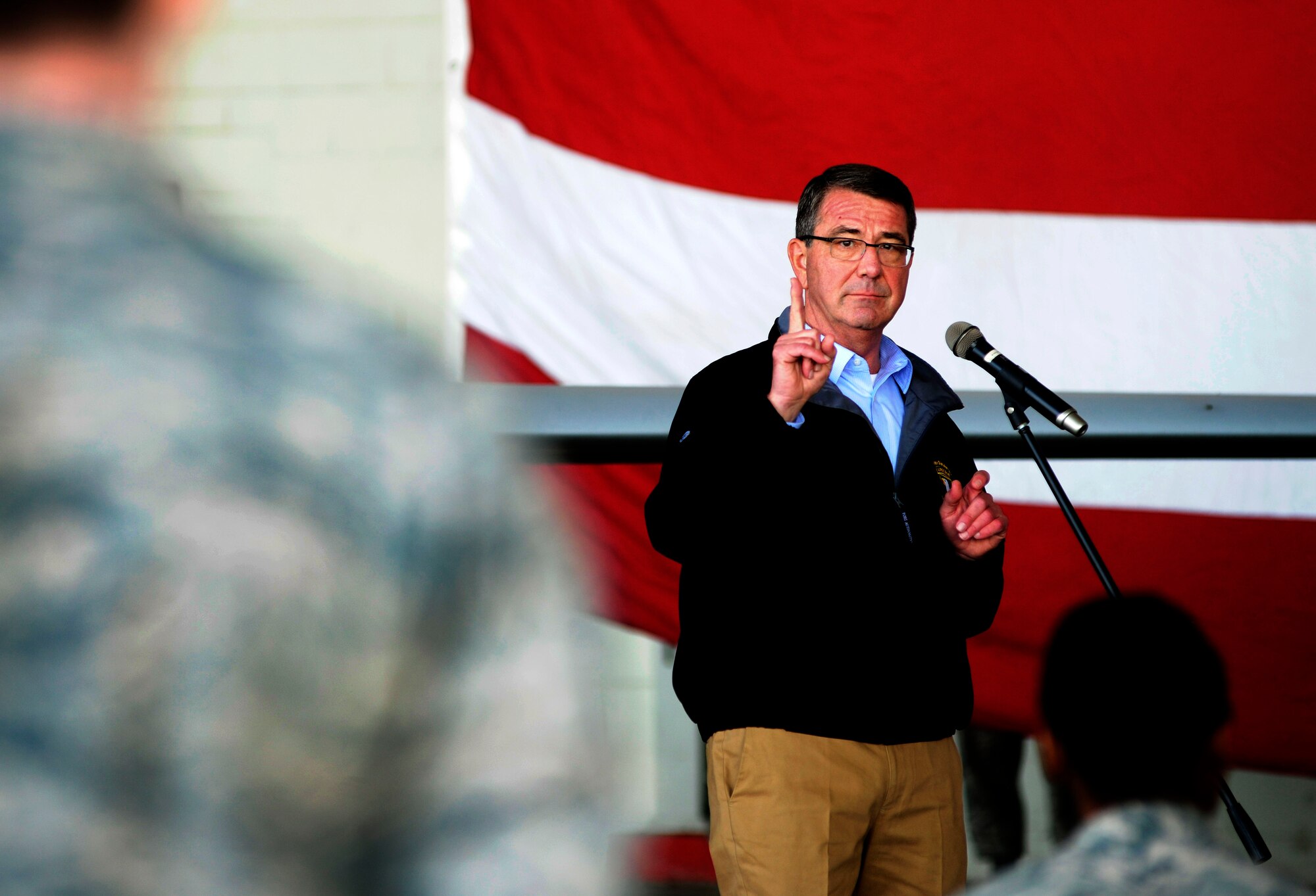 Defense Secretary Ashton B. Carter answers a question during a troop-talk Dec. 15, 2015, at Incirlik Air Base, Turkey. During the troop talk, Carter spoke about the his gratitude for the men and woman who are serving away from home this holiday season, the role the U.S. military and it’s coalition partners are playing in the fight against ISIL and answered questions from the audience. (U.S. Air Force photo by Senior Airman Krystal Ardrey)