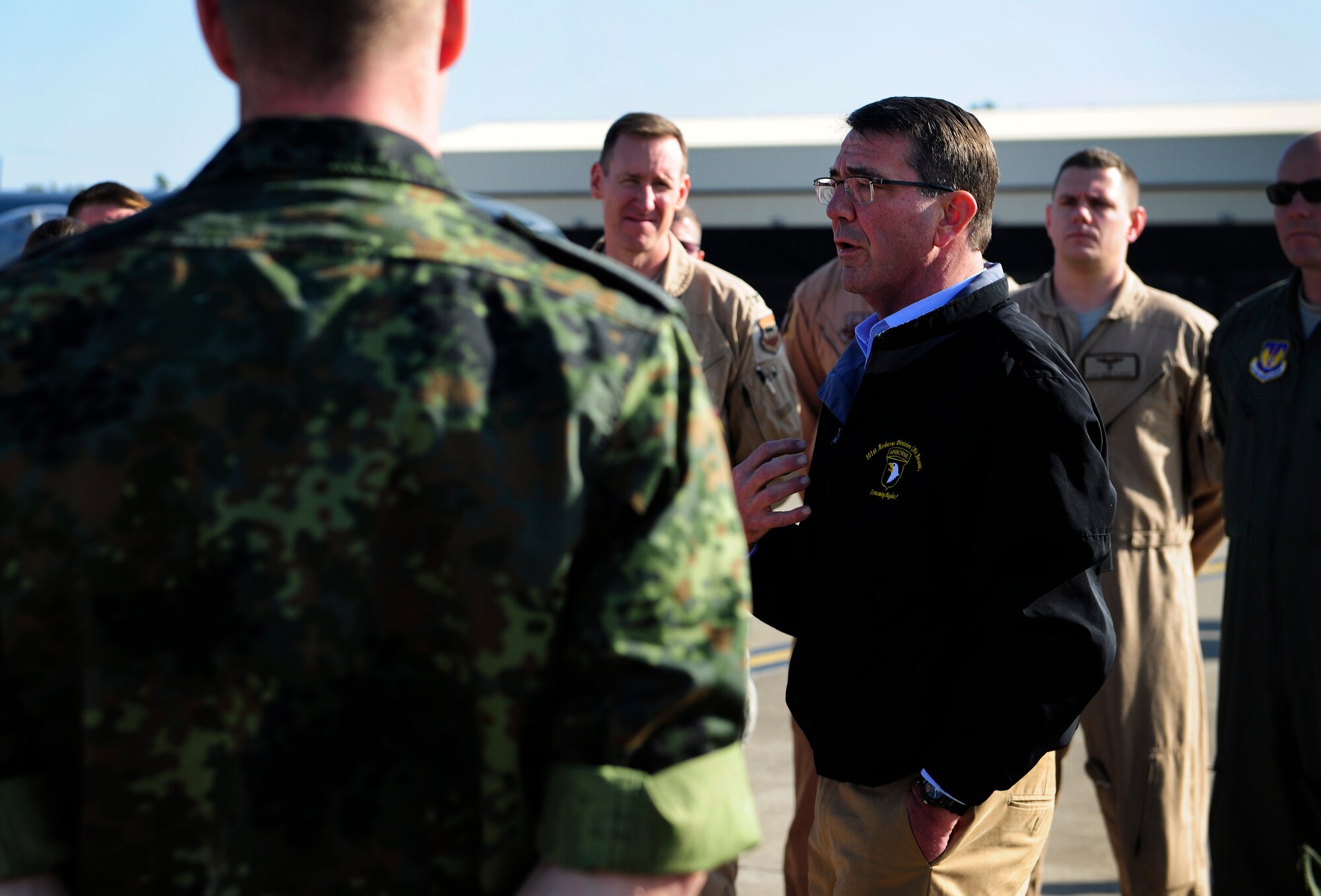 Defense Secretary Ashton B. Carter speaks with U.S. Air Force and German pilots Dec. 15, 2015, at Incirlik Air Base, Turkey.  Carter visited to get a firsthand look at how Incirlik AB supports Operation Inherent Resolve and meet with the troops to express his gratitude for their service during this holiday season. (U.S. Air Force photo by Senior Airman Krystal Ardrey)