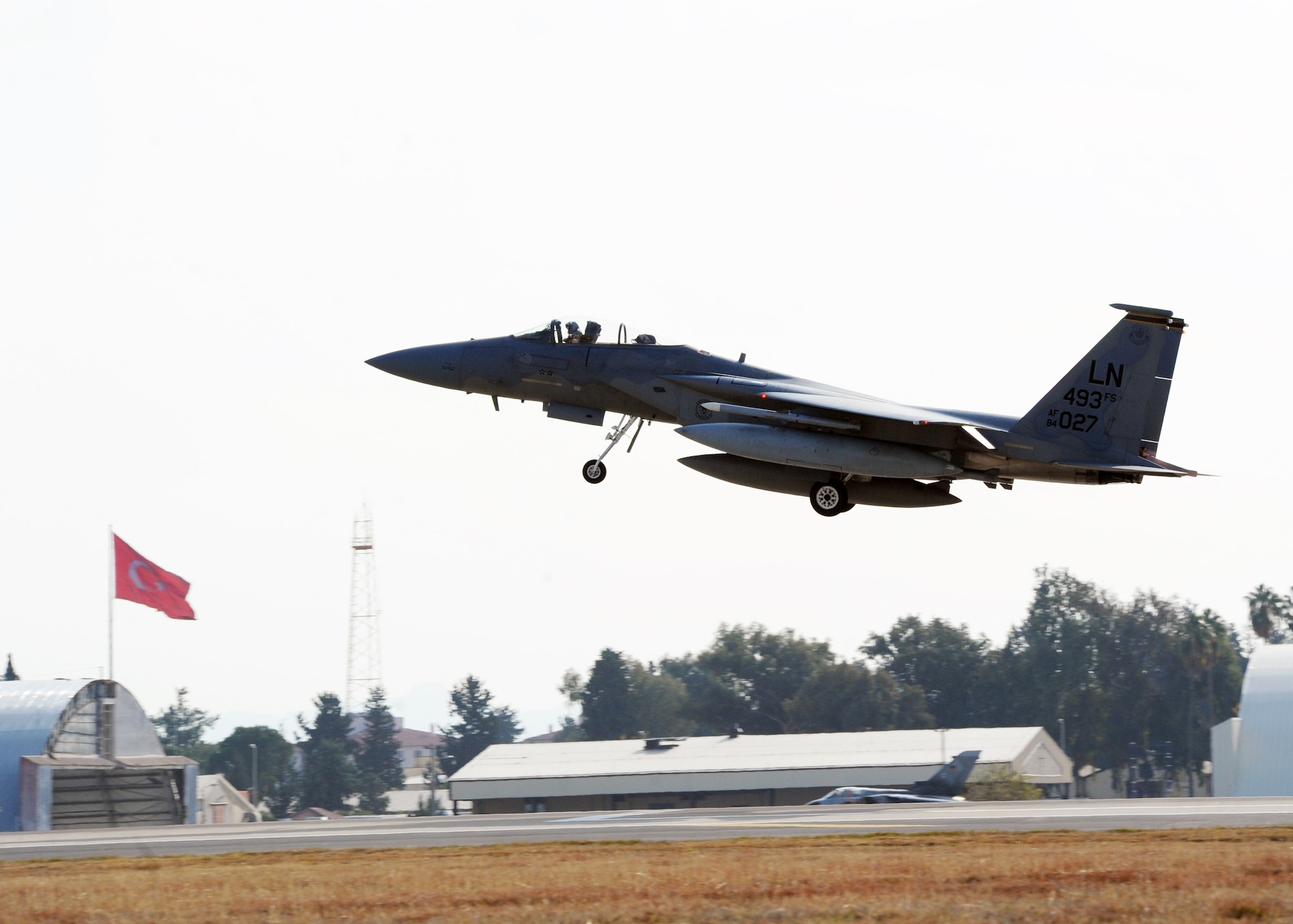 An F-15C Eagle departs Incirlik Air Base for the 493rd Fighter Squadron at RAF Lakenheath Dec. 16, 2015. The F-15C’s were deployed to Incirlik to conduct combat air patrols in Turkish air space. (U.S. Air Force photo by Airman 1st Class Daniel Lile/Released)