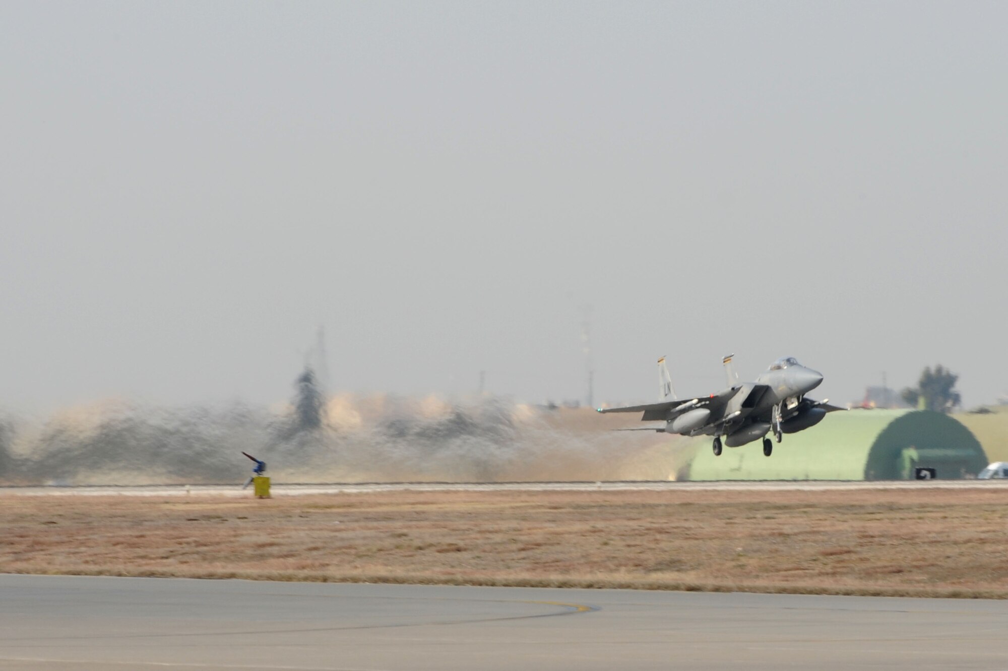 A U.S. Air Force F-15C Eagle departs Incirlik Air Base, Turkey, Dec. 16, 2015. The F-15C’s, from the 493rd Fighter Squadron at RAF Lakenheath, UK, conducted training and operational missions supporting Turkish allies and their sovereign airspace. (U.S. Air Force photo by Tech. Sgt. Taylor Worley)