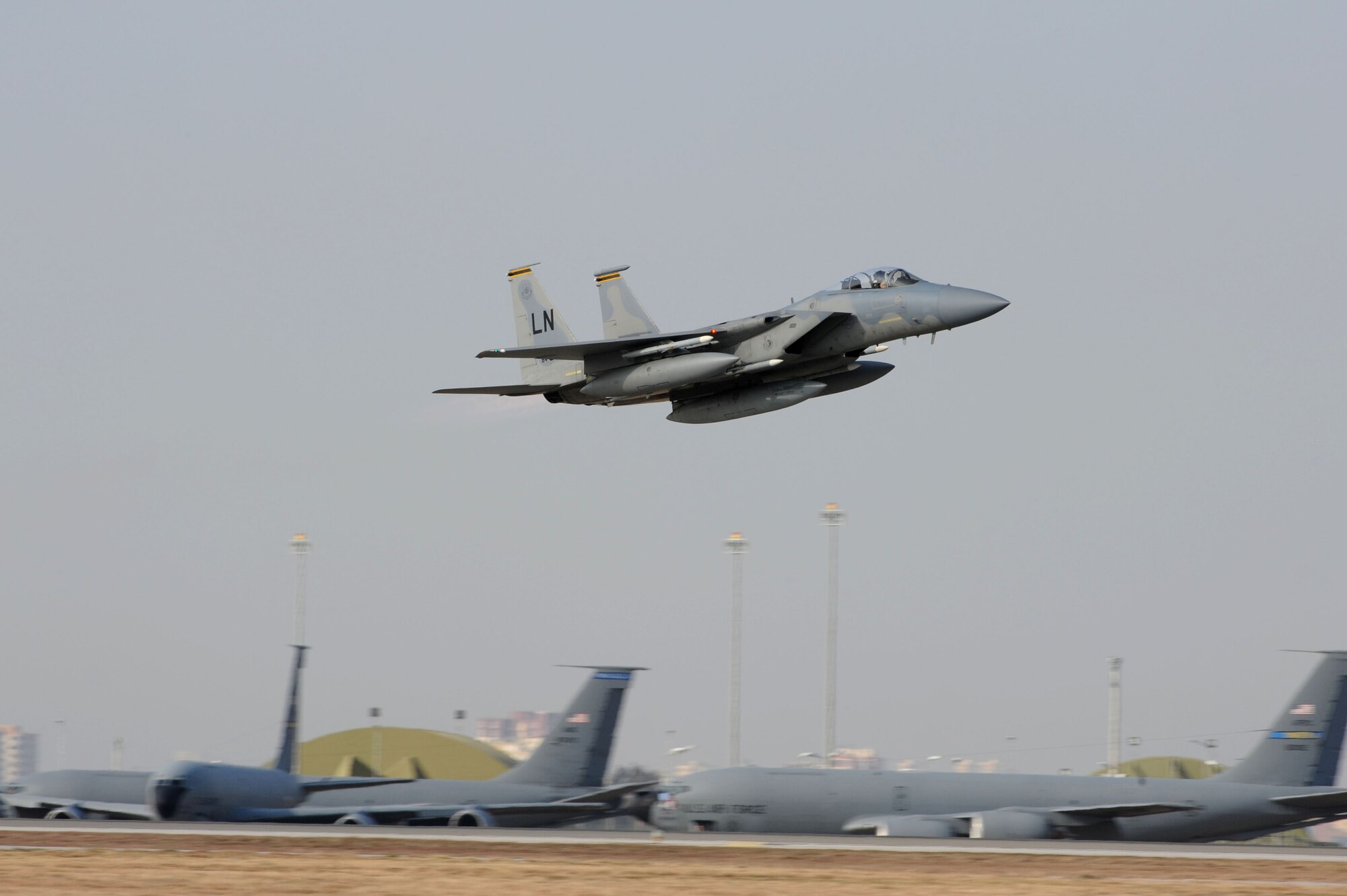 A U.S. Air Force F-15C Eagle departs Incirlik Air Base, Turkey, to return to their home station, RAF Lakenheath Dec. 16, 2015. Six F-15C’s from the 493rd Fighter Squadron at RAF Lakenheath, UK, were deployed to Incirlik AB to conduct combat air patrols to secure Turkish air space. (U.S. Air Force photo by Tech. Sgt. Taylor Worley)