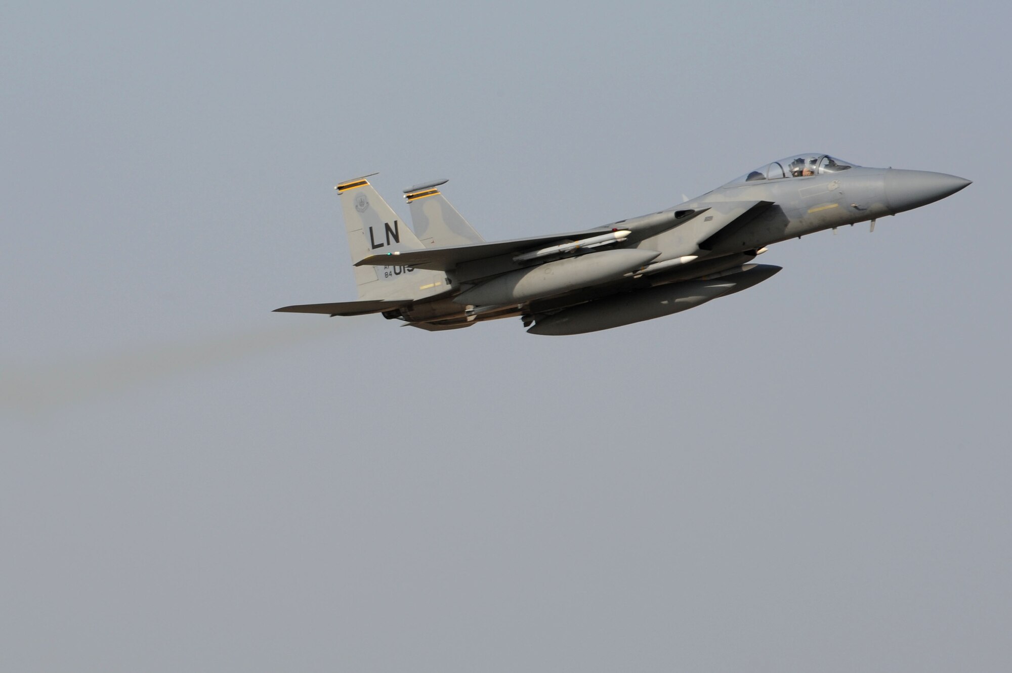 An F-15C Eagle from the 493rd Fighter Squadron at RAF Lakenheath, UK, departs Incirlik Air Base, Turkey Dec. 16, 2015. The F-15C’s were deployed to Incirlik to conduct combat air patrols in Turkish air space. As an air-to-air fighter aircraft, the F-15C specializes in gaining and maintaining air superiority. (U.S. Air Force photo by Tech Sgt. Taylor Worley)