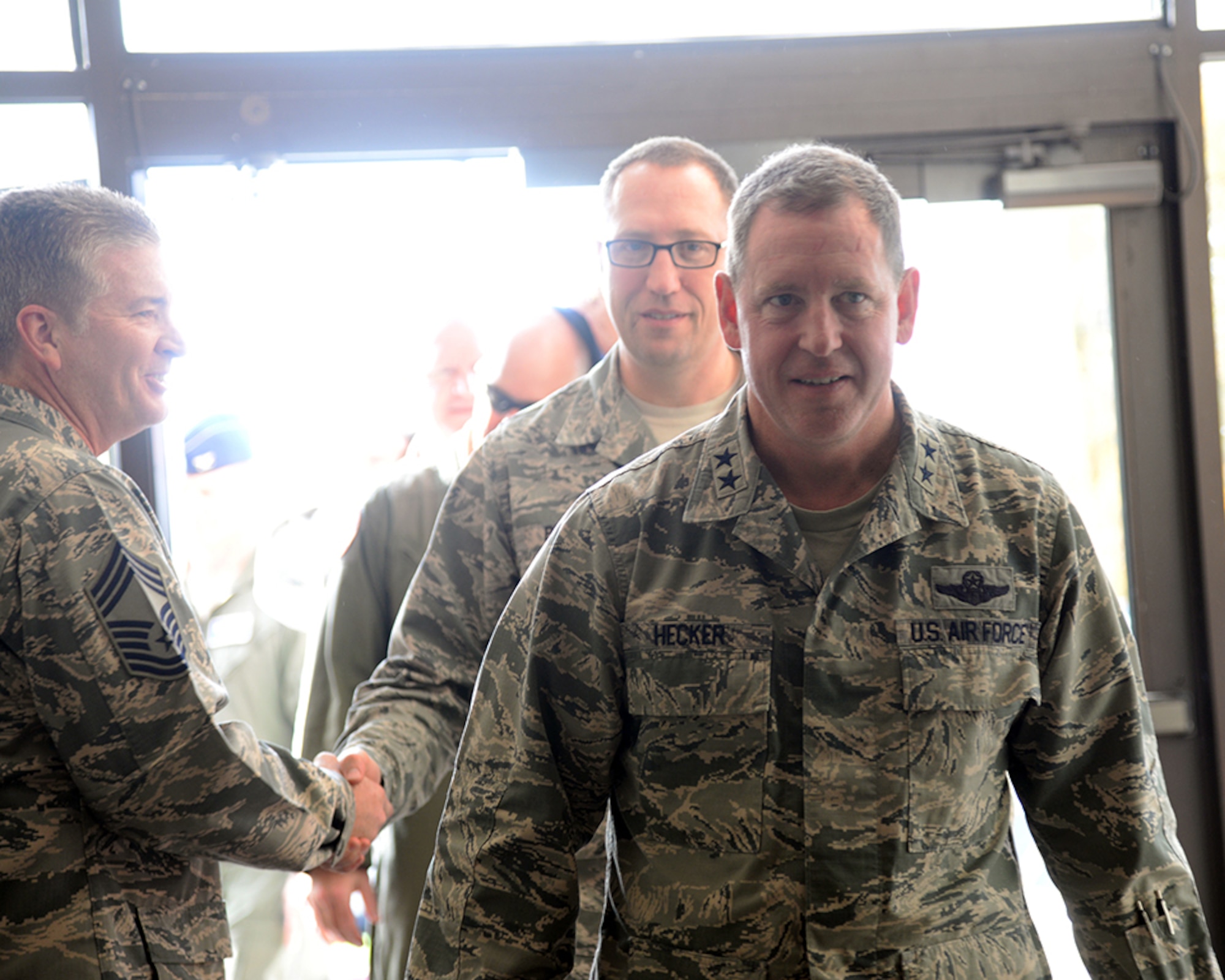 Maj. Gen. James Hecker, 19th Air Force commander, followed closely behind by Chief Master Sgt. Robert Boyer the 19th Air Force command chief, stop by the 149th Fighter Wing’s Operations Group, Dec. 10, during his visit to Joint Base San Antonio-Lackland, Texas. Boyer accompanied the general on his site visit to the wing. During the visit, both Air Force leaders, toured several units and reacquainted themselves with the people and mission of the 149th FW. 

