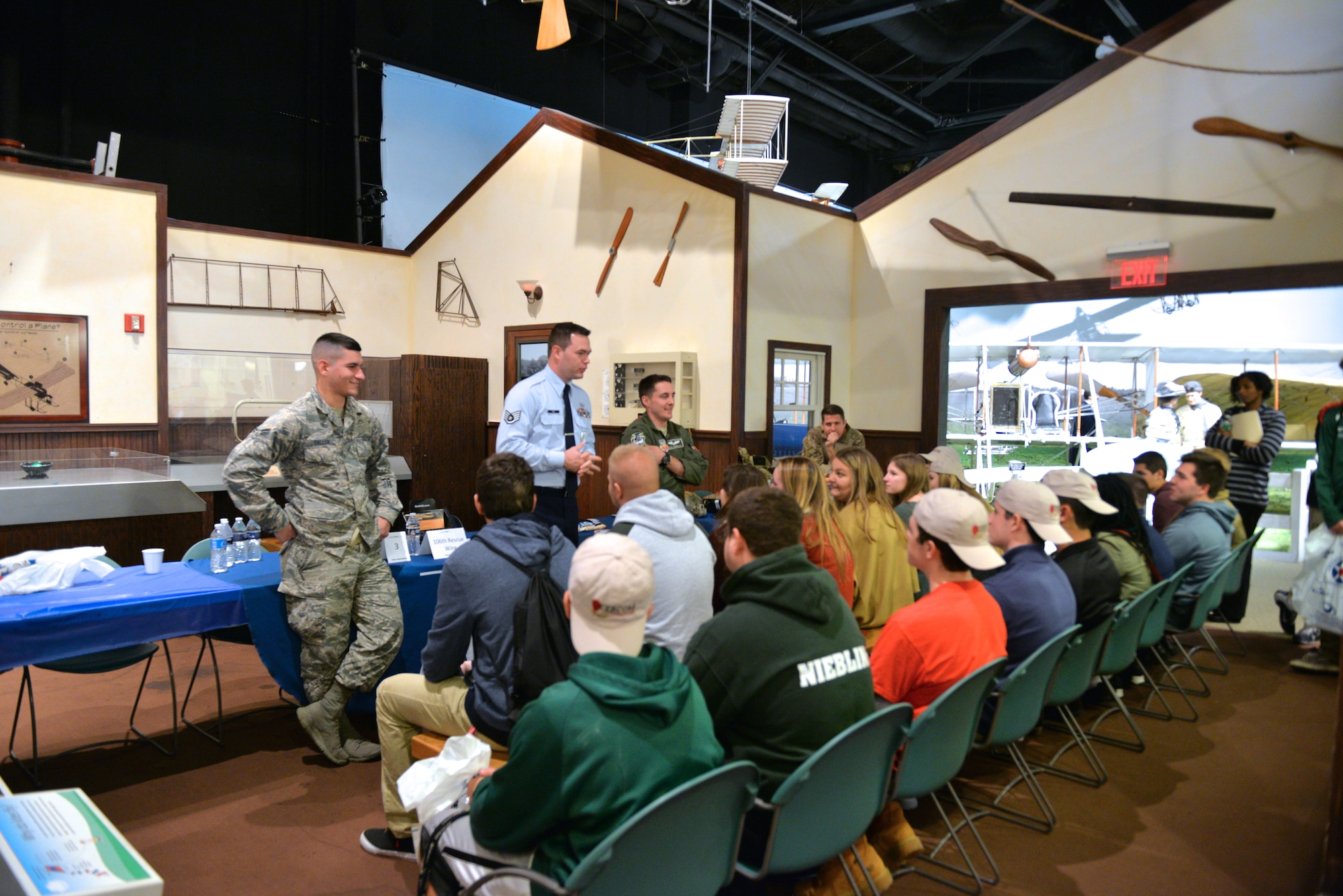 GARDEN CITY NEW, YORK- 106th Rescue Wing Airman discuss the importance of science, technology, engineering, and math (S.T.E.M) Expo at the Cradle of Aviation in Long Island, New York. 
