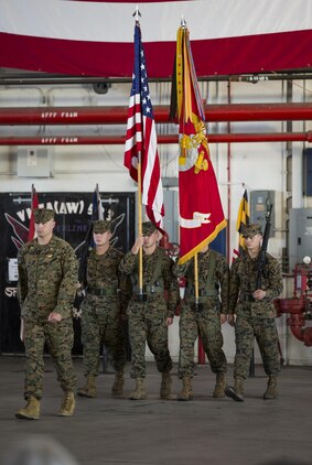 Marines march on the colors during a change of command ceremony aboard Marine Corps Air Station Beaufort Dec. 10. Lt. Col. Alvin Bryant relinquished command of Marine All-Weather Fighter Attack Squadron 533 to Lt. Col. Mathew A. Brown. The Marines are with VMFA(AW)-533. 