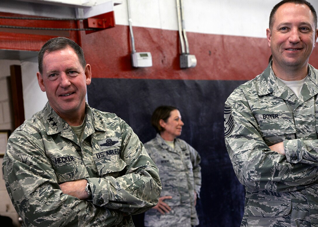 Maj. Gen. James Hecker, 19th Air Force commander, and Chief Master Sgt. Robert Boyer, 19th Air Force command chief, tour the munitions storage area, Dec. 10, during their visit to Joint Base San Antonio-Lackland, Texas. Boyer accompanied the general on his site visit to the wing. During the visit, both Air Force leaders, toured several units and reacquainted themselves with the people and mission of the 149th FW. 