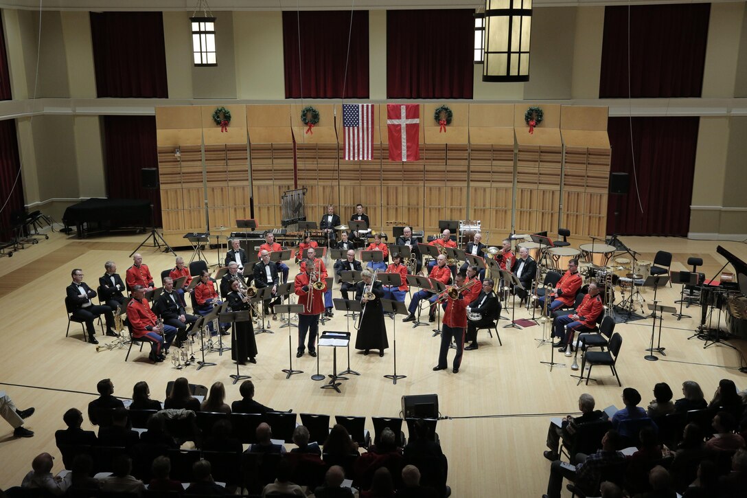 "The President's Own" United States Marine Band and the Danish military band Slesvigske Musikkorps presented a joint holiday concert on Dec.15, 2015, in John Philip Sousa Band Hall at the Marine Barracks Annex in Washington, D.C. The program was conducted by Maj. Michelle A Rakers and Dr. Peter Ettrup Larsen. (U.S. Marine Corps photo by Gunnery Sgt. Amanda Simmons/released)