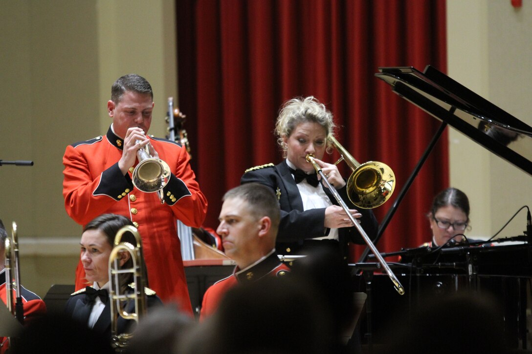 "The President's Own" United States Marine Band and the Danish military band Slesvigske Musikkorps presented a joint holiday concert on Dec.15, 2015, in John Philip Sousa Band Hall at the Marine Barracks Annex in Washington, D.C. The program was conducted by Maj. Michelle A Rakers and Dr. Peter Ettrup Larsen. (U.S. Marine Corps photo by Gunnery Sgt. Amanda Simmons/released)