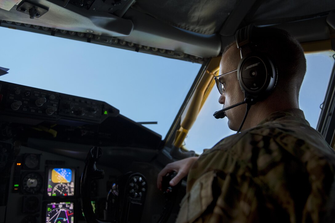 U.S. Air Force Capt. Ben Hodgdon flies a KC-135 Stratotanker over Southwest Asia in support of Operation Inherent Resolve over Southwest Asia, Dec. 4, 2015. Hodgdon is a pilot assigned to the 340th Expeditionary Air Refueling Squadron, deployed from the 171st Air Refueling Wing in Pennsylvania. U.S. Air Force photo by Tech. Sgt. Nathan Lipscomb