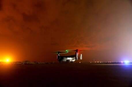 A U.S. Marine Corps MV-22B Osprey with Marine Medium Tiltrotor Squadron 268, Special Purpose Marine Air Ground Task Force—Crisis Response—Central Command (SPMAGTF-CR-CC), prepares to take off in order to perform external loads qualifications at an undisclosed location in Southwest Asia, Dec.13, 2015. With the assistance of a U.S. Marine helicopter support team with Combat Logistics Battalion 1, SPMAGTF-CR-CC, the pilots were able to perform multiple rotations of the training. The squadron is deployed in support of units operating within the U.S. Central Command’s area of responsibility. 
