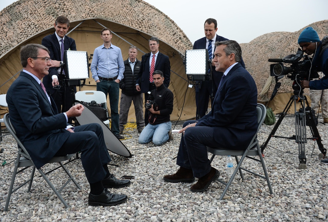 U.S. Defense Secretary Ash Carter speaks during an interview with CBS News correspondent Charlie D'Agata in Irbil, Iraq, Dec. 17, 2015. DoD photo by Army Sgt. 1st Class Clydell Kinchen