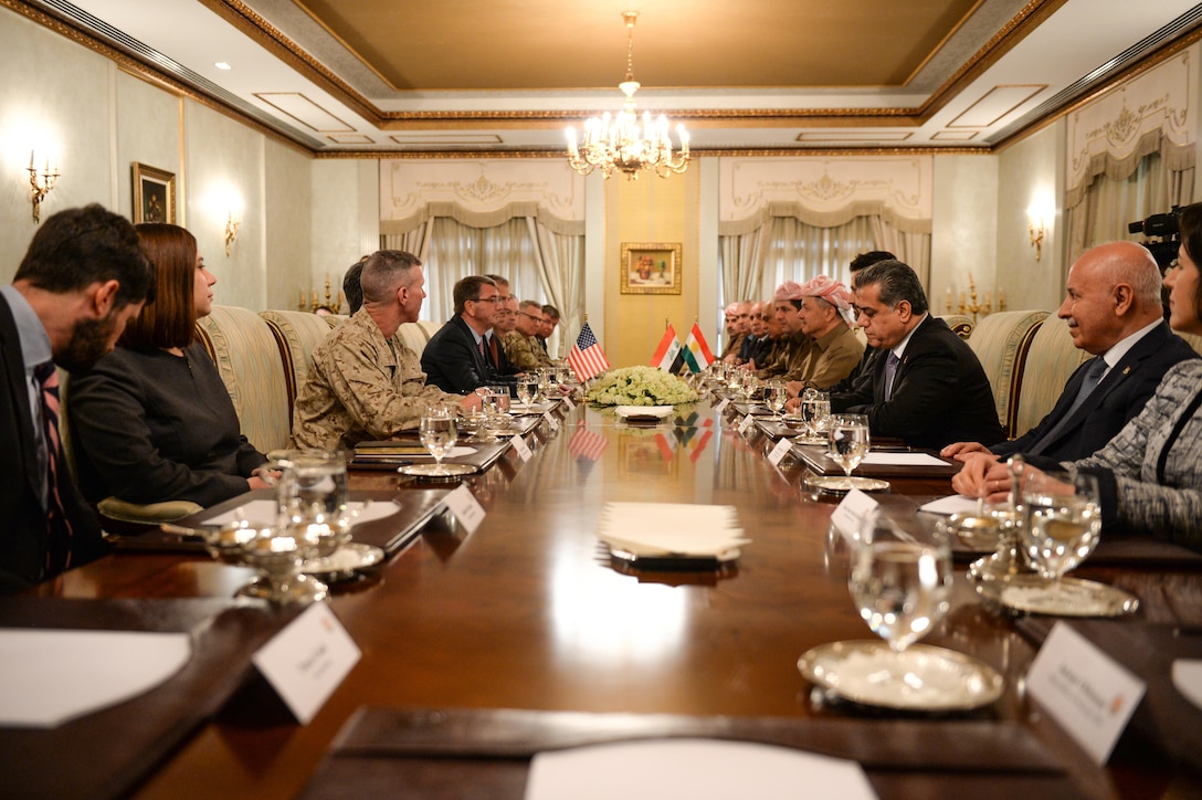 U.S. Defense Secretary Ash Carter meets with President Masoud Barzani of Iraq’s Kurdistan region in Irbil, Iraq, Dec. 17, 2015. DoD photo by Army Sgt. 1st Class Clydell Kinchen