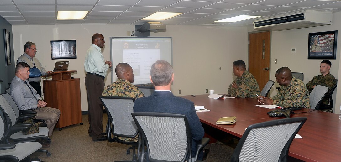 Randall Kennedy, housing officer, Marine Corps Logistics Base Albany, speaks about the base’s bachelor housing during a brief on the installation, Dec. 16.