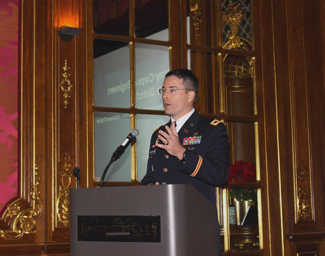 Colonel Ed Chamberlayne, Baltimore District commander, provides opening remarks at the  Dec. 2015 Society of American Military Engineers Baltimore Post breakfast meeting on Dec. 16, 2015 in Baltimore, Maryland. District program managers presented briefings for fiscal year 2016 projects for military construction, the secure environment, civil works and environmental projects. 