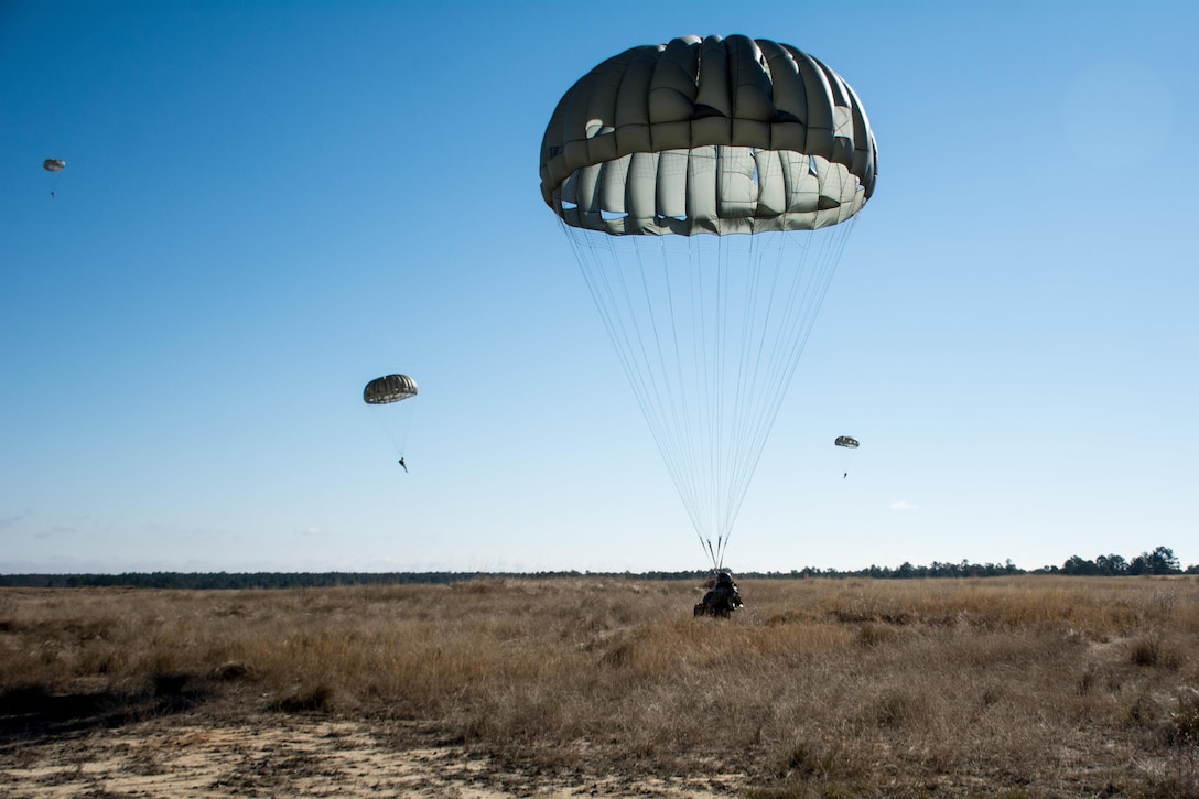 U.S. Army paratroopers descend to the ground during Operation Toy Drop at Luzon drop zone on Fort Bragg, N.C., Dec. 8, 2015. Operation Toy Drop is the world’s largest combined airborne operation with seven partner-nation paratroopers participating and allows airborne personnel the opportunity to earn partner-nation jump wings. U.S. Army photo by Pfc. Darion Gibson
