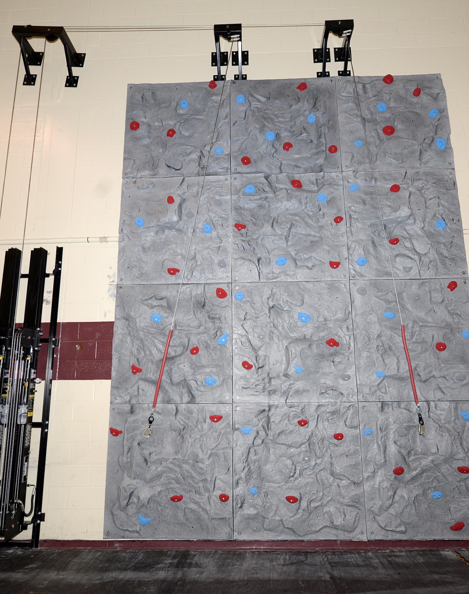 The rock wall in the Fitness Center is ready for use, Dec. 16, 2015, at Seymour Johnson Air Force Base, North Carolina. The rock wall is 16 feet tall and 12 feet wide and is scheduled to open Dec. 18. (U.S. Air Force photo/Airman 1st Class Ashley Williamson)