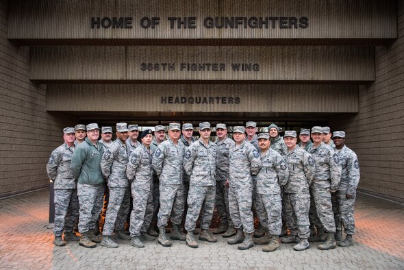 The newest 366th Fighter Wing chief master sergeant selects stand with the rest of the base chiefs December 16, 2015 at Mountain Home Air Force Base, Idaho. Only one percent of the Air Force's enlisted members can be promoted to the rank of chief. (U.S. Air Force photo by Airman 1st Class Connor J. Marth)