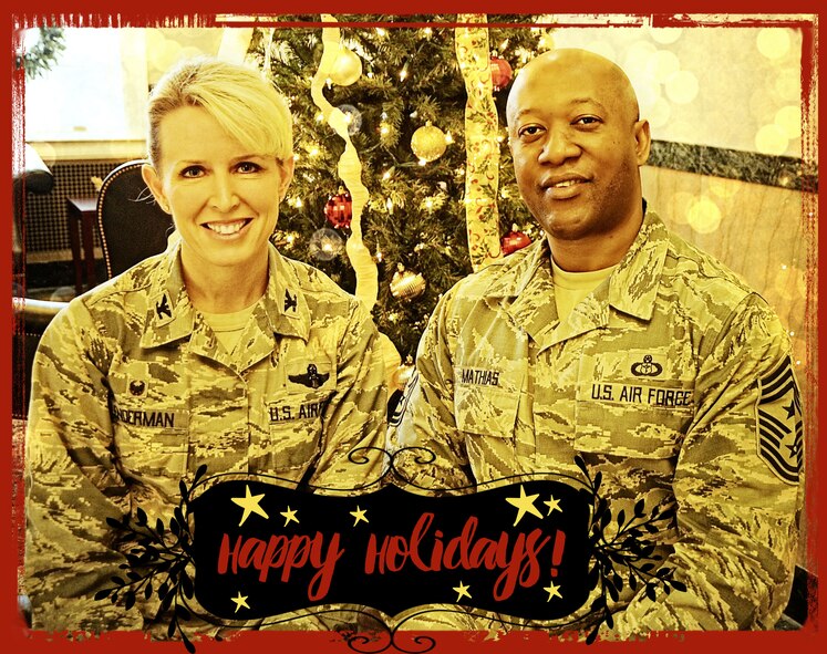 Thank you for your kindness by including Command Chief Wesley Mathias and me in your unit celebrations and the many holiday activities around the base.  We are deeply humbled by the outpouring of generosity and kindness we have witnessed across the installation as Airmen have reached out to ensure everyone is included and taken care of this holiday season! (Photo by Karen Petitt) 