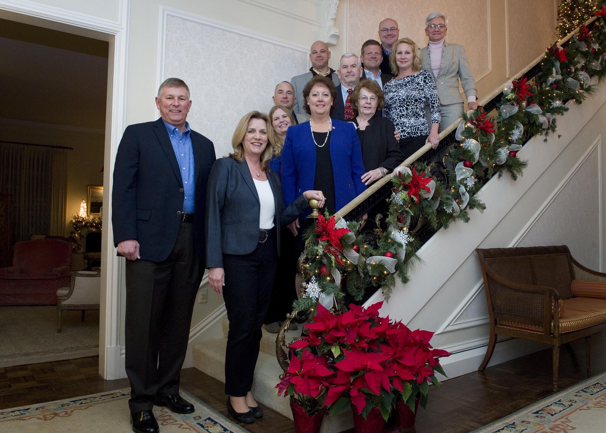 Grissom's key leadership and their spouses pose for a photo with Secretary of the Air Force Deborah Lee James at the Honeywell House, Wabash Ind., Dec. 16, 2015. During James' visit to the Hoosier Wing, she had the opportunity to meet with civic leaders and Team Grissom to learn about the 434th Air Refueling Wing's mission. (U.S. Air Force photo/Tech. Sgt. Benjamin Mota)