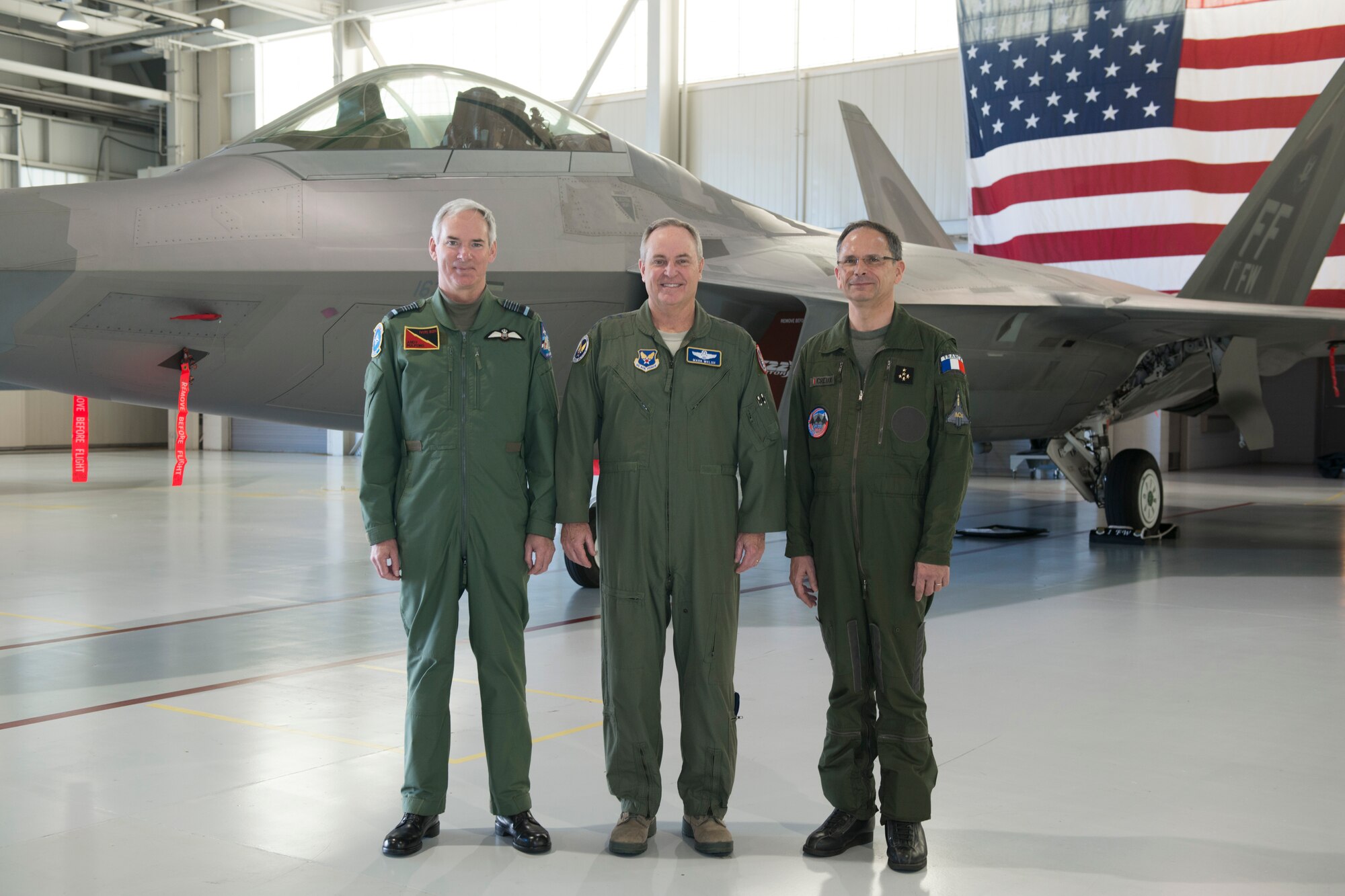 From left, British Royal Air Force Chief of the Air Staff, Air Chief Marshall Sir Andrew Pulford, Chief of Staff of the U.S. Air Force Gen. Mark A. Welsh III, French air force Deputy Chief of the Air Staff Gen. Antoine Creux pose for a photo during the Trilateral Exercise at Langley Air Force Base, Va., Dec. 15, 2015.  As part of the exercise, Pulford, Welsh, and Creux hosted a press conference to discuss the importance of working together as coalition forces.  (U.S. Air Force photo by Tech. Sgt. Katie Gar Ward)