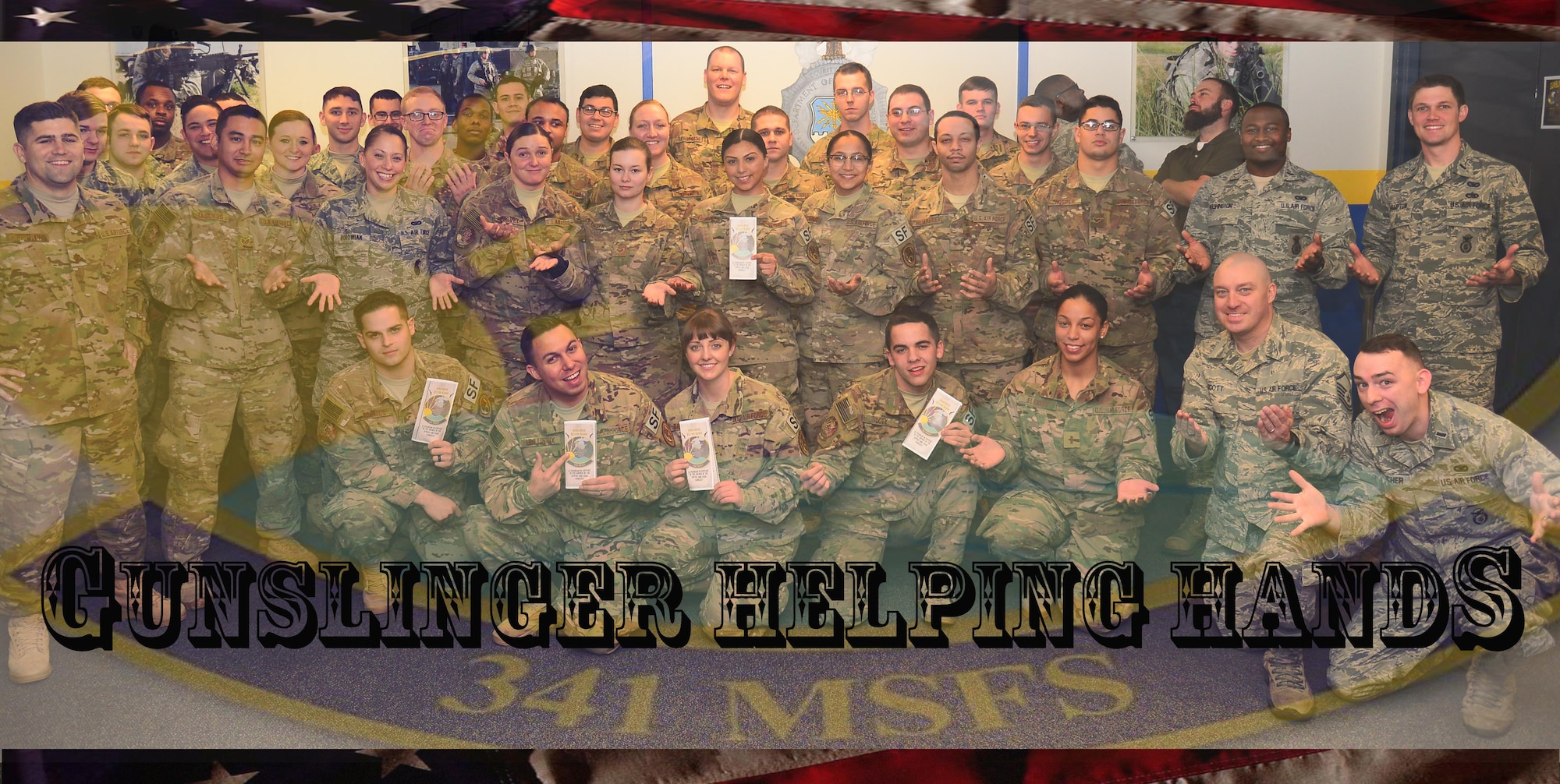 Airmen from the 341st Missile Security Forces Squadron pose for a photo Dec. 17, 2015, at Malmstrom Air Force Base, Mont. The Gunslinger Helping Hands program provides services to the families of security forces members when they post out to the field.  (U.S. Air Force photo illustration/Airman 1st Class Magen M. Reeves)