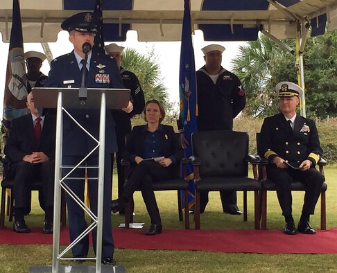 Col. Matthew W. Higer, the 96th Test Wing vice commander, speaks to the audience during the groundbreaking ceremony for three large-scale solar electric generating facilities held at NAS Pensacola Dec. 16.  The Solar Array facilities are a joint effort between the Air Force, Navy and Gulf Power to provide solar-powered electricity to 18,000 area homes over three counties.  (U.S. Air Force photo/Sara Francis)