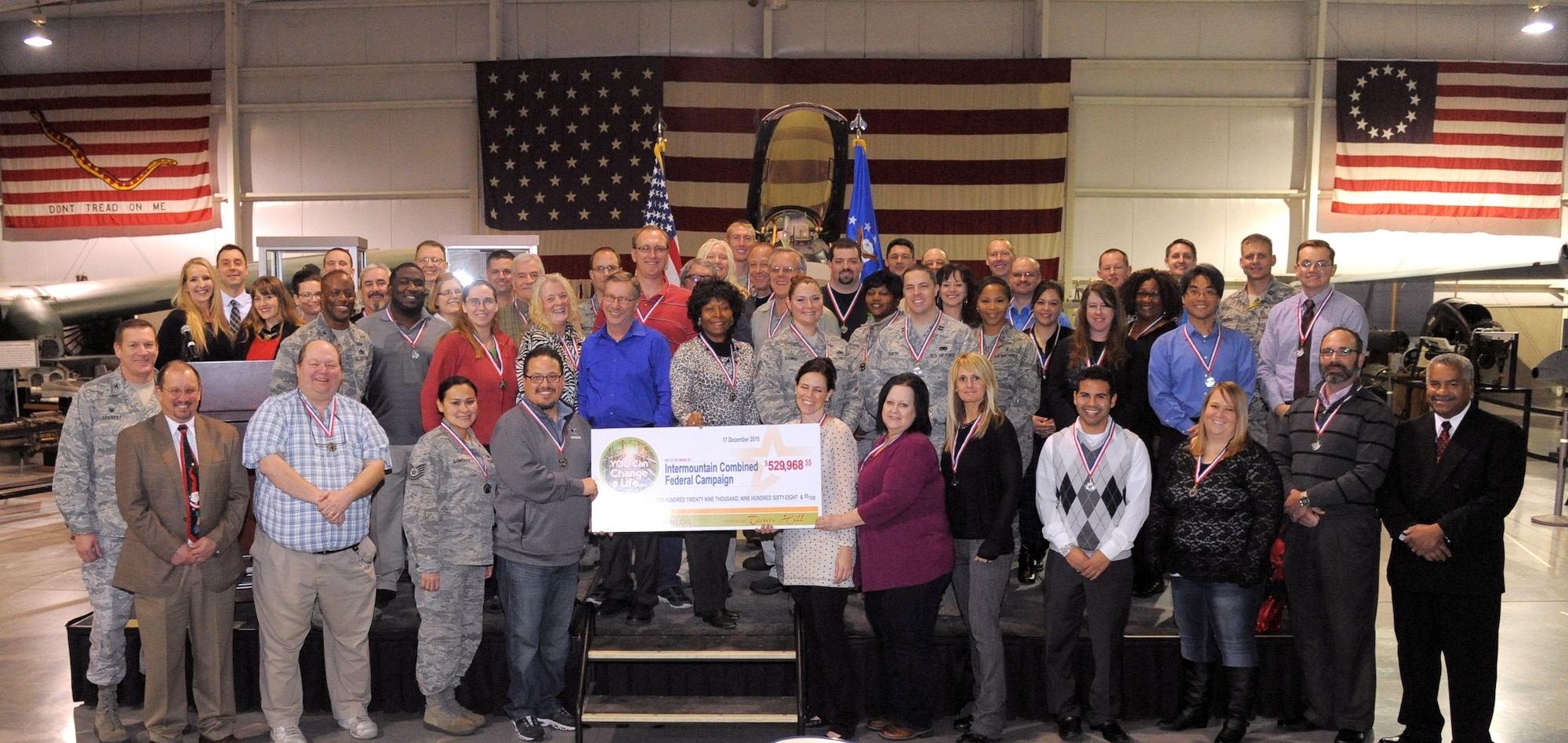 Combined Federal Campaign workers pose for a group photo at a volunteer recognition breakfast Dec. 17 at Hill Air Force Base. The campaign raised nearly $530,000 in donations in 2015. (U.S. Air Force photo by Todd Cromar)