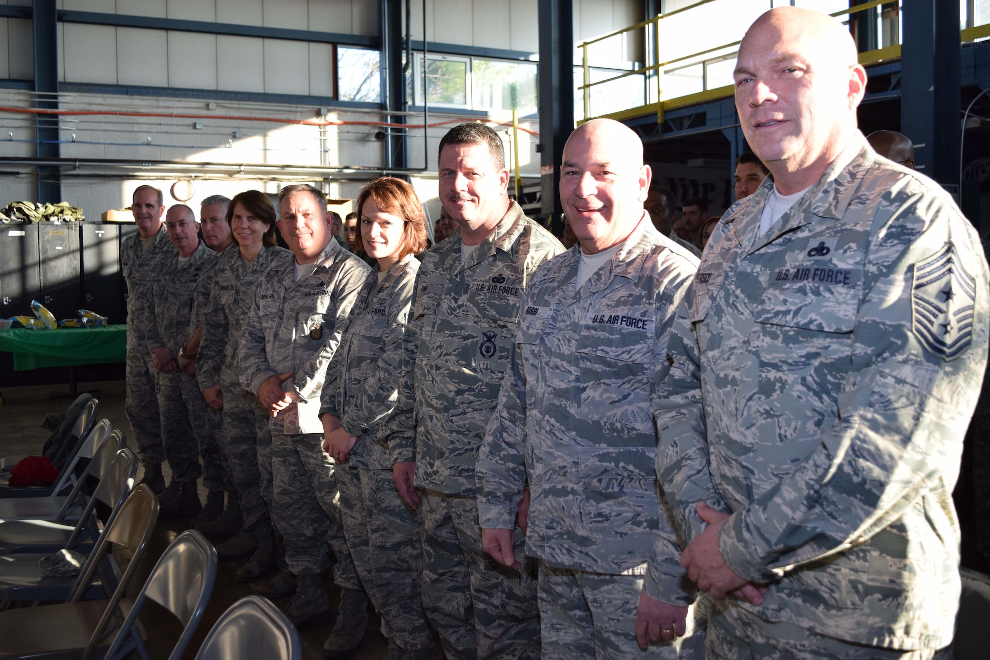 A tribe of chiefs from the 111th Attack Wing gather to honor retiring Chief Master Sgt. Stephen Rossi, vehicle maintenance superintendent with the 201st RED HORSE, Det. 1, at the Horsham Air Guard Station, Pennsylvania, on Dec. 5, 2015. Rossi is closing out his lengthy military career having served with the Pennsylvania Army National Guard for 21 years followed by an additional 18 years with the Pennsylvania Air National Guard here. (U.S. Air National Guard photo by Master Sgt. Christopher Botzum/Released)   