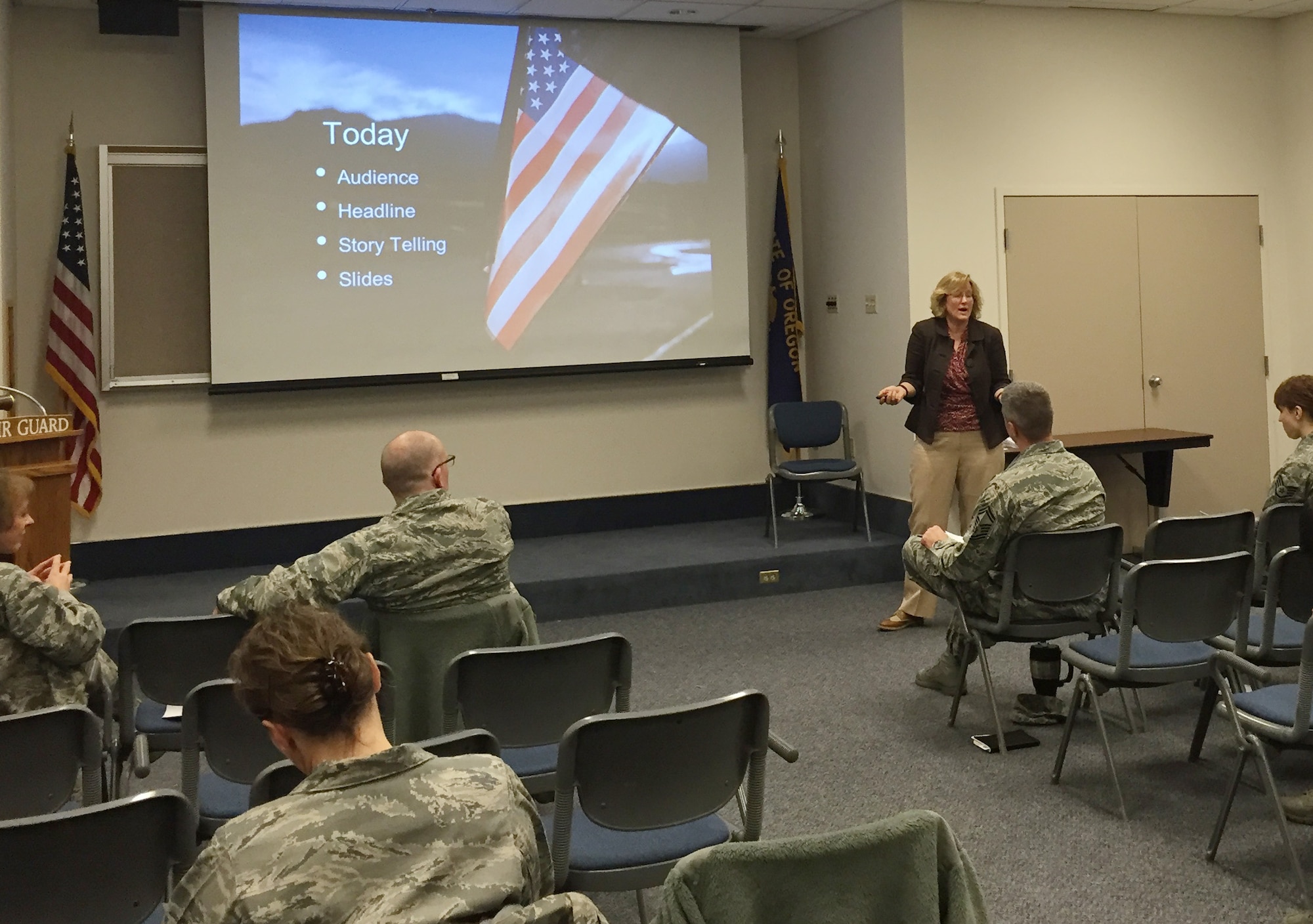 Dr. Rosemary King talks to Airman of the 142nd Fighter Wing during her two-day training on speech writing and delivery techniques held at Portland Air National Guard Base, Ore., Dec. 17, 2015.  King’s presentation skills training is the most recent contribution to the Wing’s ongoing mentorship program. (U.S. Air National Guard photo by 1st Lt. Chelsi Spence, 142nd Fighter Wing Public Affairs)