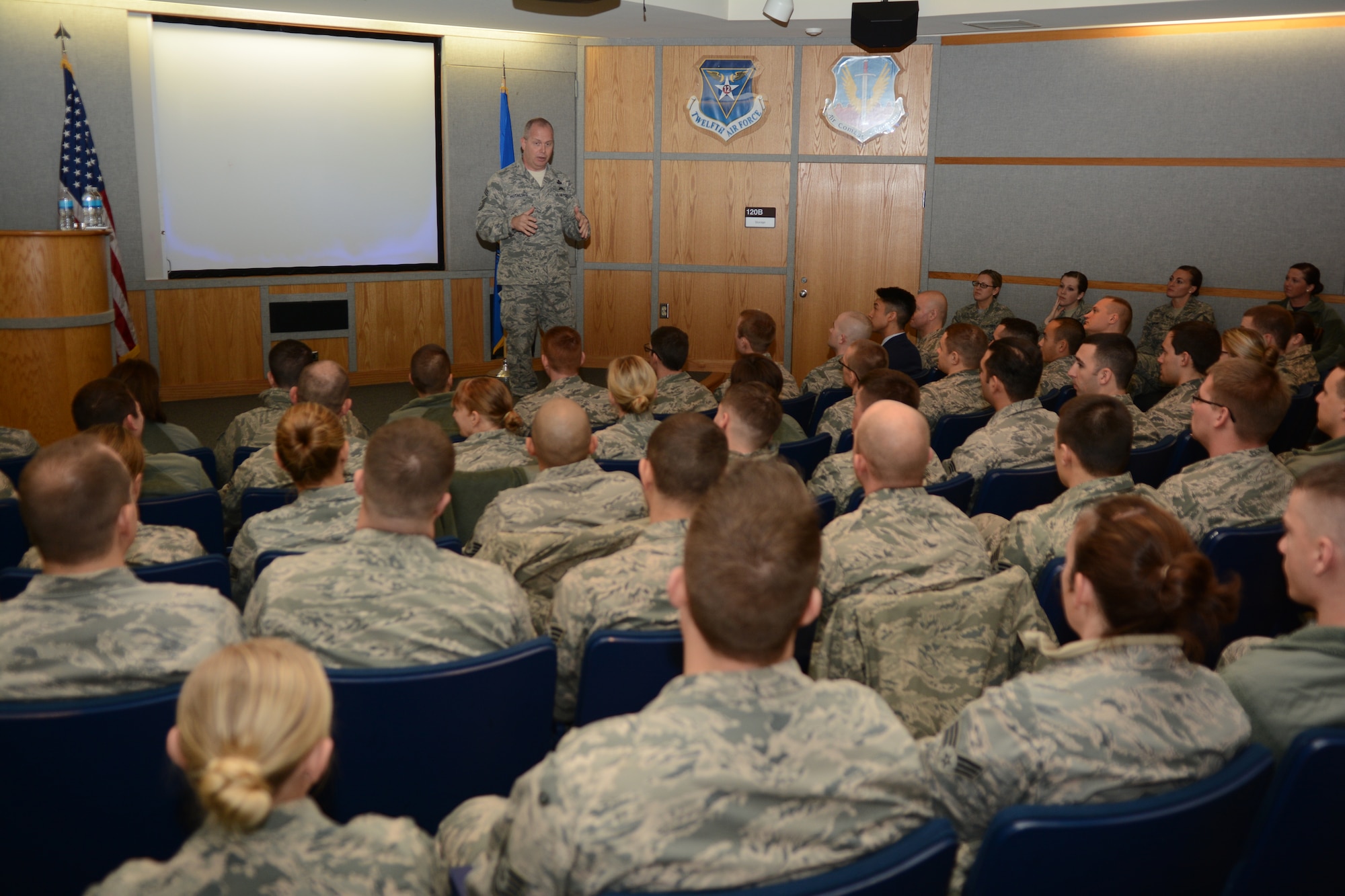 Chief Master Sgt. James W. Hotaling, Air National Guard command chief, speaks to Airmen of the 115th Fighter Wing in Madison, Wis., Dec. 6, 2015. He met with squadron commanders, Airmen of the Rising 6 and the senior enlisted members of the Top 3 to talk about various topics relating to Airmen of the ANG. (U.S. Air National Guard photo by Senior Airman Kyle P. Russell)