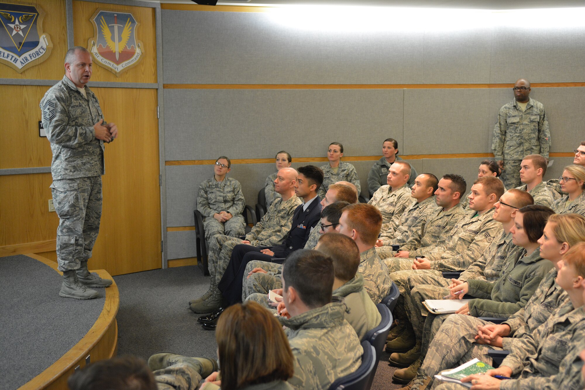 Chief Master Sgt. James W. Hotaling, Air National Guard command chief, speaks to Airmen of the 115th Fighter Wing in Madison, Wis., Dec. 6, 2015. He met with squadron commanders, Airmen of the Rising 6 and the senior enlisted members of the Top 3 to talk about various topics relating to Airmen of the ANG. (U.S. Air National Guard photo by Senior Airman Kyle P. Russell)