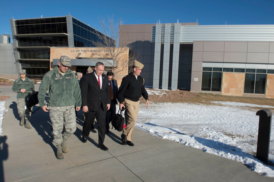 Deputy Defense Secretary Bob Work departs from the U.S. Air Force Warfare Center on Schriever Air Force Base, Colo., Dec. 17, 2015. DoD photo by Navy Petty Officer 1st Class Tim D. Godbee