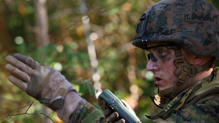 Lance Cpl. Cary Chafton, a rifleman with 2nd Light Armored Reconnaissance Battalion gives directions to his squad during a patrolling exercise at Marine Corps Base Camp Lejeune, N.C., Dec 15, 2015. The unit practiced patrolling techniques and set up patrol bases to maintain readiness. 