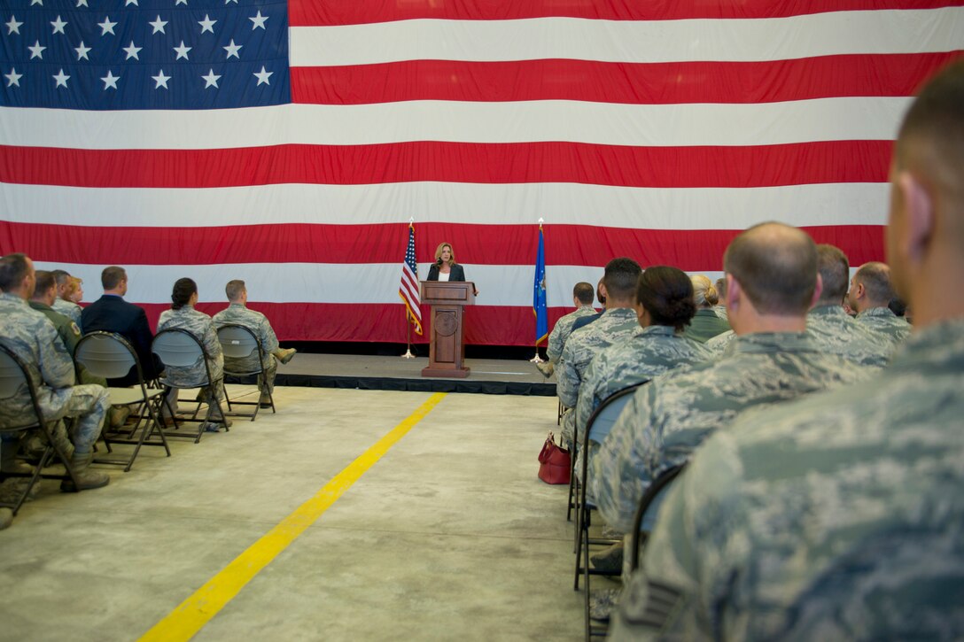 Secretary of the Air Force Deborah Lee James speaks at an all-call event in Hangar 233 at Little Rock Air Force Base, Ark., Dec. 15, 2015. James addressed her concerns about the future of the Air Force, which included taking care of our Airmen, balancing readiness with modernization, and making every dollar count. (U.S. Air Force photo by Master Sgt. Jeff Walston/Released)

