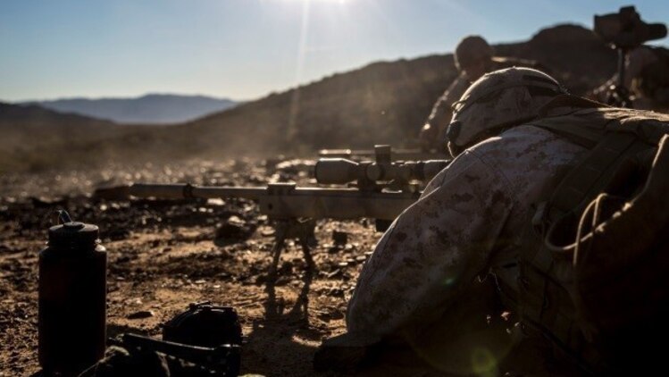 Marines with 1st Battalion, 8th Marine Regiment fire simultaneously during the sniper marksmanship assessment as part of Integrated Training Exercise 1-16 at Marine Corps Air Ground Combat Center, Twentynine Palms, Calif., Oct. 24, 2015. During ITX, Marines demonstrate core, infantry mission essential tasks while conducting offensive and defensive stability operations. 