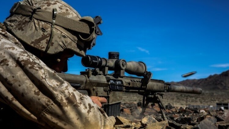 A Marine with 1st Battalion, 8th Marine Regiment fires at a target at an unknown distance drill during the sniper marksmanship assessment as part of Integrated Training Exercise 1-16 at Marine Corps Air Ground Combat Center, Twentynine Palms, Calif., Oct. 24, 2015. During ITX, Marines demonstrate core infantry mission essential tasks while conducting offensive and defensive stability operations.