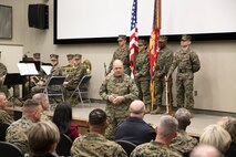 Gen. Robert B. Neller, 37th commandant of the U.S. Marine Corps, speaks to audience members during an assumption-of-command ceremony on Dec. 18, 2015, in Norfolk, Va., during which Brig. Gen. Bradford J. Gering relinquished command of U.S. Marine Corps Forces Command and Fleet Marine Force Atlantic to Lt. Gen. John E. Wissler.