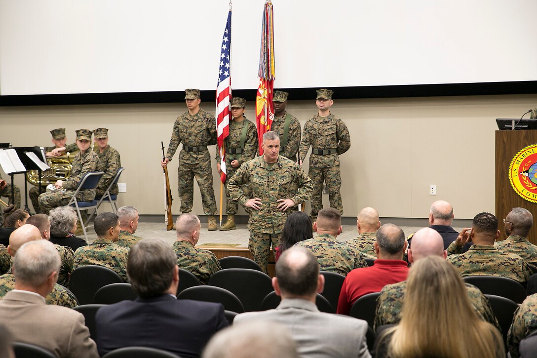 Brig. Gen. Bradford J. Gering, outgoing commander, speaks to audience members during an assumption-of-command ceremony on Dec. 18, 2015, in Norfolk, Va., during which he relinquished command of U.S. Marine Corps Forces Command and Fleet Marine Force Atlantic to Lt. Gen. John E. Wissler.