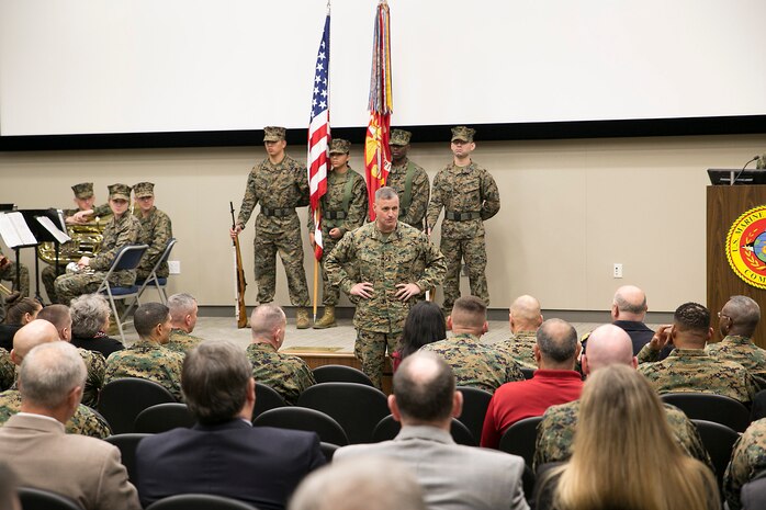 Brig. Gen. Bradford J. Gering, outgoing commander, speaks to audience members during an assumption-of-command ceremony on Dec. 18, 2015, in Norfolk, Va., during which he relinquished command of U.S. Marine Corps Forces Command and Fleet Marine Force Atlantic to Lt. Gen. John E. Wissler.