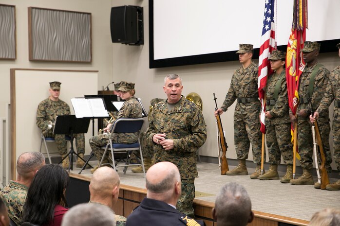 Lt. Gen. John E. Wissler, incoming commander, speaks to audience members during an assumption-of-command ceremony on Dec. 18, 2015, in Norfolk, Va., during which he assumed command of U. S. Marine Corps Forces Command and Fleet Marine Force Atlantic from Brig. Gen. Bradford J. Gering.