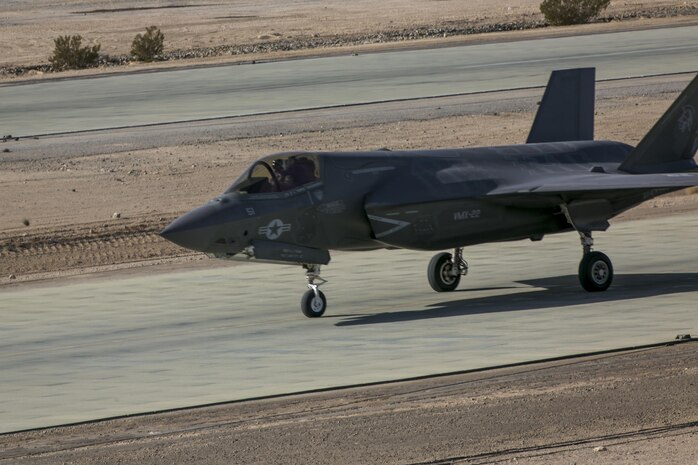 An F-35B Lightning II Joint Strike Fighter, Marine Fighter Attack Squadron 121, 3rd Marine Aircraft Wing, prepares for a conventional take-off at the Strategic Expeditionary Landing Field during Exercise Steel Knight 2016 aboard the Combat Center, Dec. 11, 2015. This year’s iteration of Exercise Steel Knight works to advance 1st Marine Division’s warfighting capabilities, to include interoperability between the ground and air forces and integration of the F-35B. (Official Marine Corps photo by Lance Cpl. Levi Schultz/Released)