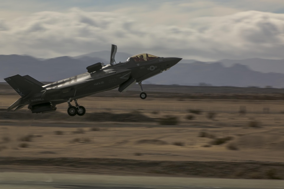 An F-35B Lightning II Joint Strike Fighter, Marine Fighter Attack Squadron 121, 3rd Marine Aircraft Wing,  performs a conventional take-off at the Strategic Expeditionary Landing Field during Exercise Steel Knight 2016 aboard the Combat Center, Dec. 11, 2015. This year’s iteration of Exercise Steel Knight works to advance 1st Marine Division’s warfighting capabilities, to include interoperability between the ground and air forces and integration of the F-35B. (Official Marine Corps photo by Lance Cpl. Levi Schultz/Released)